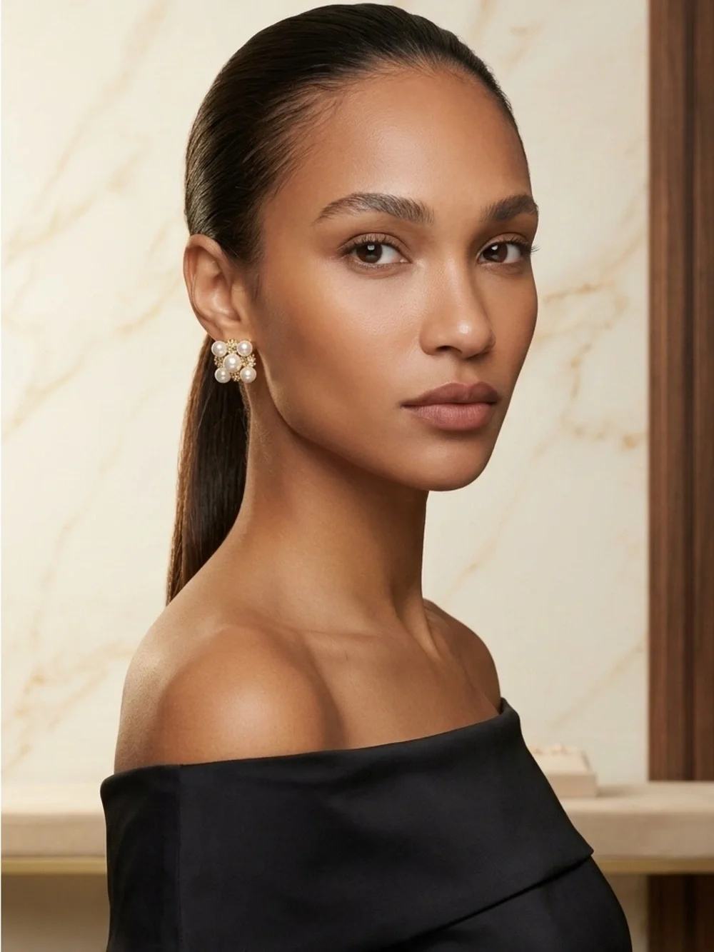 Gold Pearl Cluster Stud Earrings - Women Jewelry